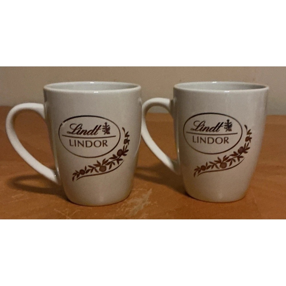 Lindt Lindor Coffee Tea Mug Cup White with Gold‎ Leaf Embossing 14oz (Set of 2)